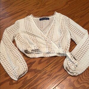 Blue Rain Cream Long Sleeve Wrap Blouse